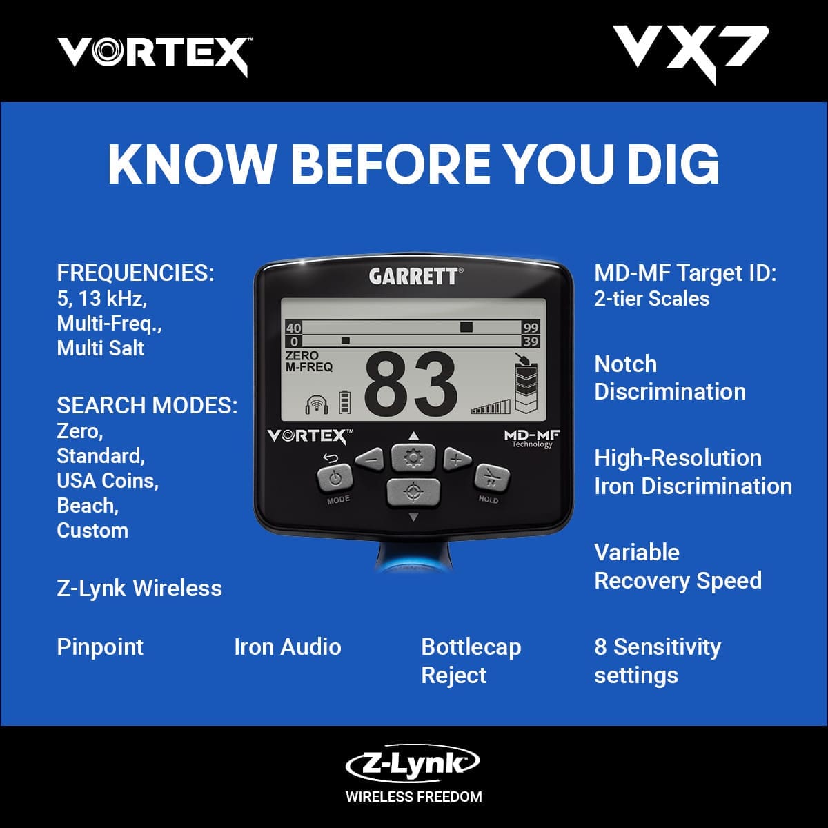 Nevşehir Garrett Vortex VX7 Dedektör - VX7 hedef ID ekranı, iki katmanlı MD-MF okuma ile demir ve iletken hedefleri ayırmaya yardım eder.